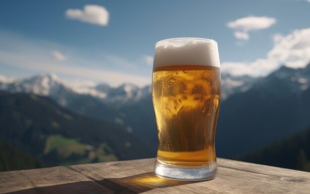 A glass of lager beer on a table on a mountain background fresh light beer illustration ai generated