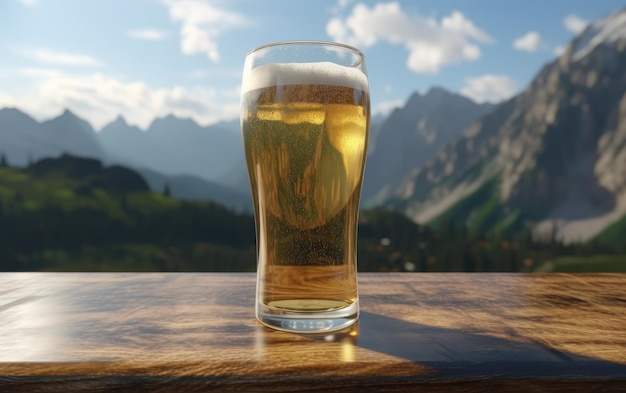 A glass of lager beer on a table on a mountain background fresh light beer illustration ai generated