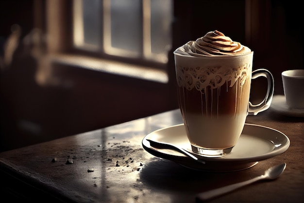 A glass of latte with a swirl of chocolate on the rim sits on a table in front of a window.