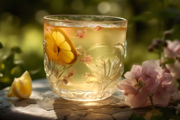 A glass of lemon tea with a lemon slice on the rim