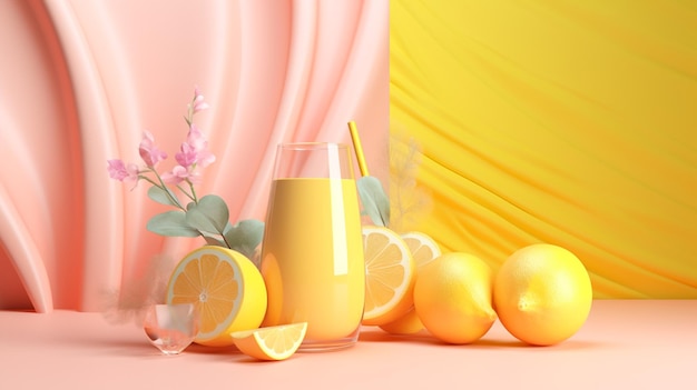 Glass of lemonade illustration with a pastel backdrop Generative AI