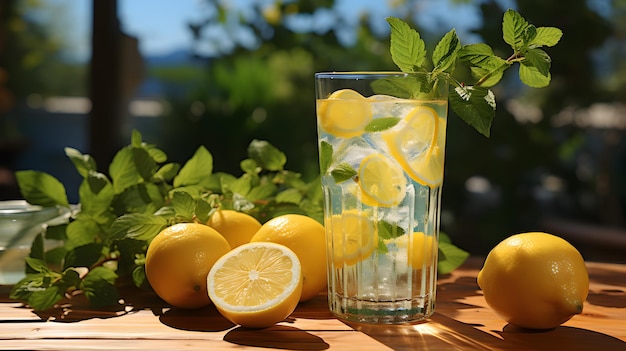 Glass of lemonade or lemon juice and cut fresh lemons Generative AI