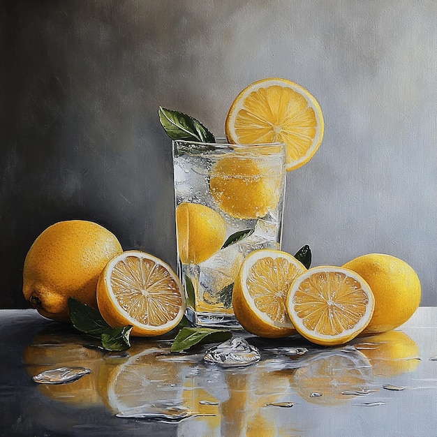 a glass of lemonade and lemons with a leaf on the table