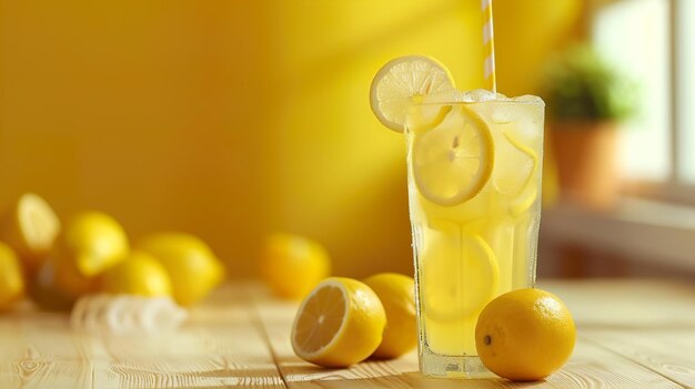 Photo a glass of lemonade sits on a wooden table with lemons and lemons