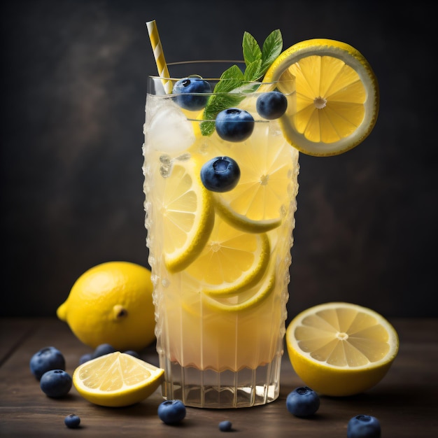 A glass of lemonade with blueberries and a banana on it.