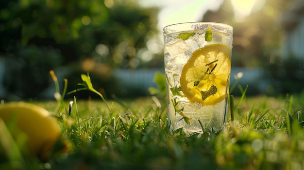 Glass of lemonade with ice and lemon on green grass in sunlight