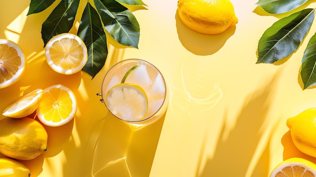 A glass of lemonade with ice and lemon slices surrounded by lemons and tropical leaves on a yellow background