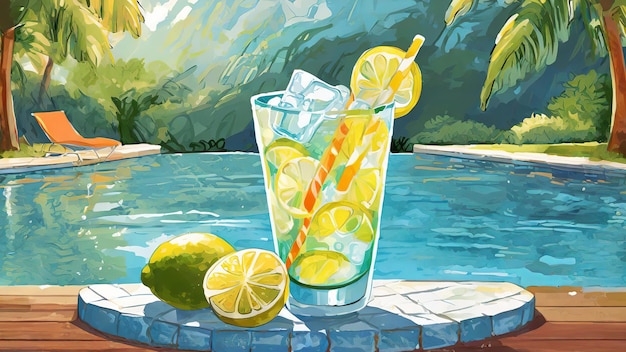 Glass lemonade with ice and lemon slices on swimming pool lounge chair and palm trees background