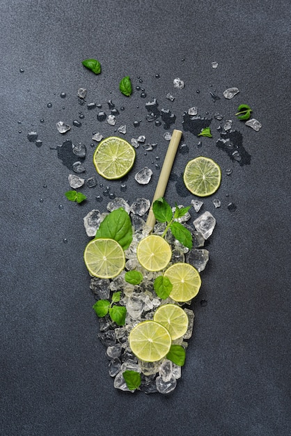 glass of lemonade with ice lime and mint creative summer background mojito refreshing drink symbol