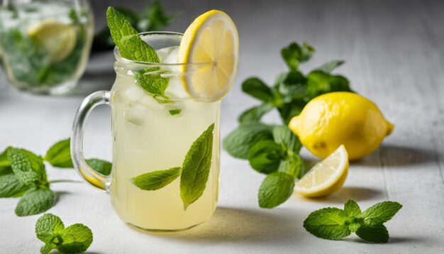 A glass of lemonade with lemon and mint leaves