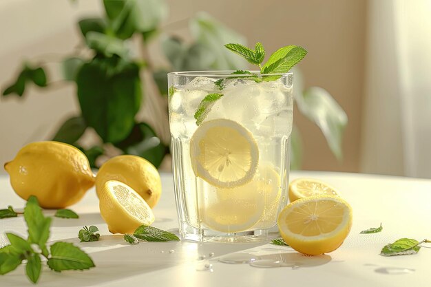 Photo a glass of lemonade with lemon slices and mint leaves on a table white