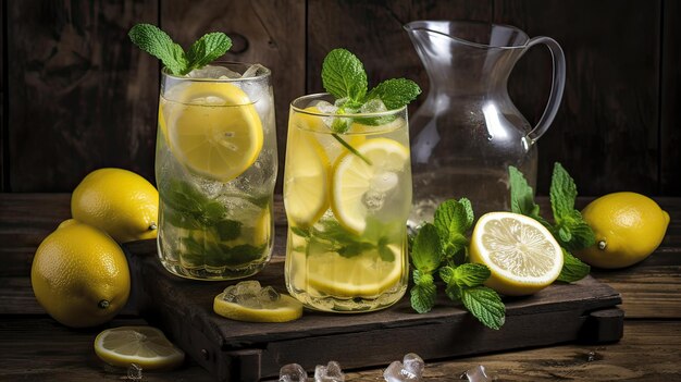 A glass of lemonade with lemon slices and mint on a wooden tray.