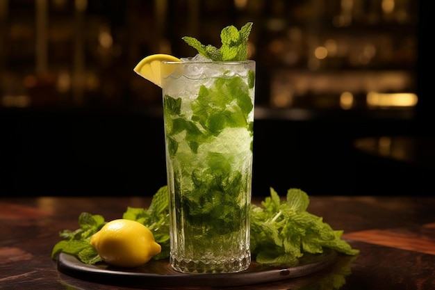 a glass of lemonade with a lemon on a tray