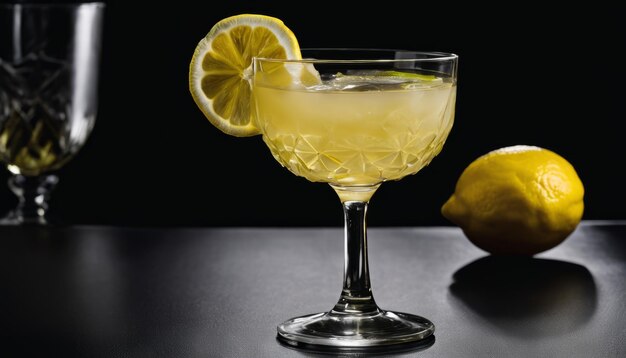 A glass of lemonade with a lemon wedge on the rim