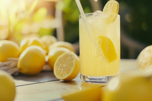 a glass of lemonade with lemons in the background