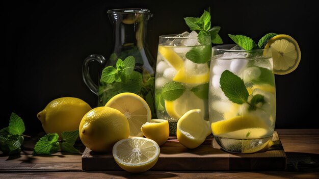 A glass of lemonade with lemons and mint leaves on a wooden board.