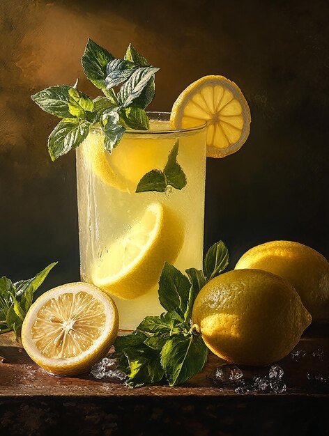 a glass of lemonade with lemons and mint leaves