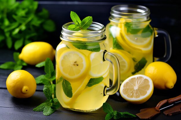 A glass of lemonade with lemons and mint on a table.