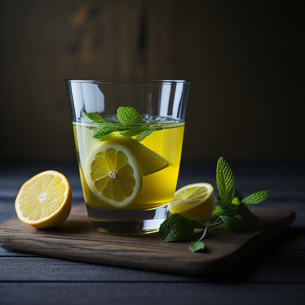 A glass of lemonade with lemons and mint on a wooden board.