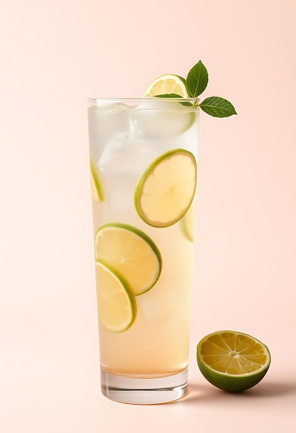 a glass of lemonade with limes and mint leaves