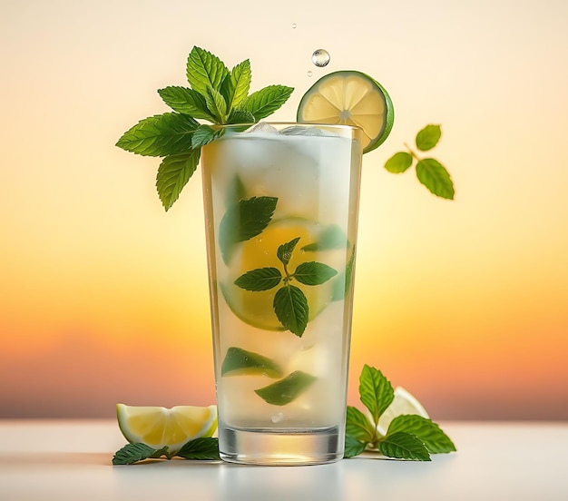 Photo a glass of lemonade with mint leaves and lemons