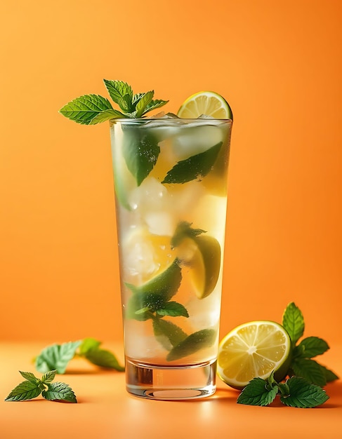 Photo a glass of lemonade with mint leaves and limes on a table