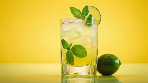 Photo a glass of lemonade with mint leaves and limes on a yellow background