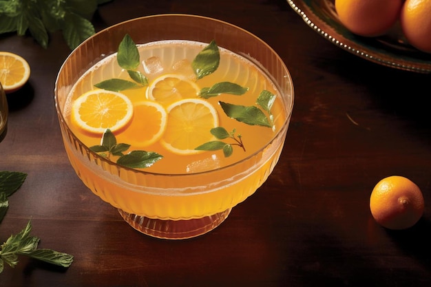 Photo a glass of lemonade with orange slices on a table.