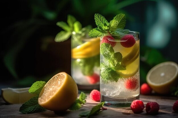 A glass of lemonade with raspberries and mint on the side