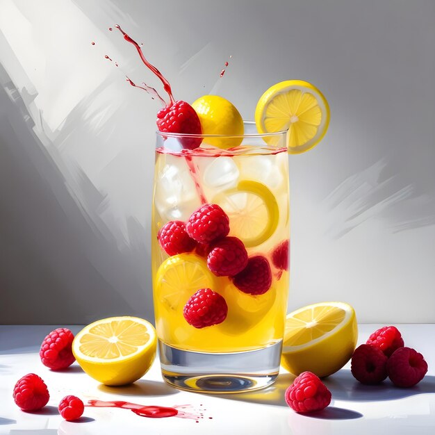 a glass of lemonade with raspberries and raspberries on the table