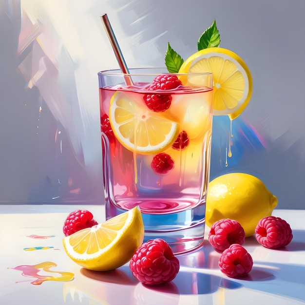 a glass of lemonade with raspberries and raspberries