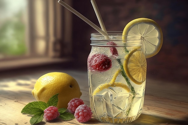 A glass of lemonade with a straw next to it and a lemon slice.