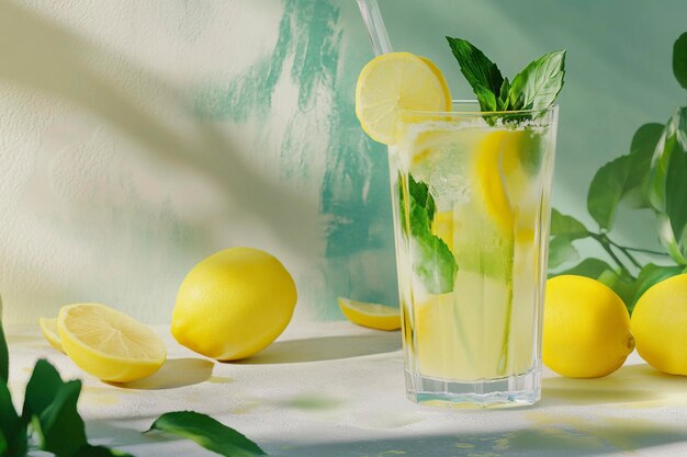 a glass of lemonade with a straw in it and a lemon wedge on the table