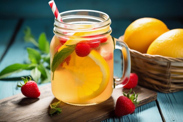 A glass of lemonade with a straw and a red and white striped straw.