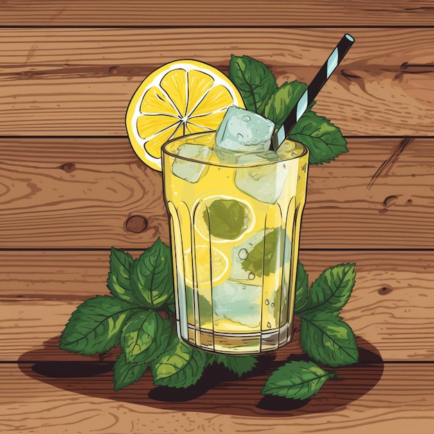 A glass of lemonade with a straw and a straw is on a wooden table.