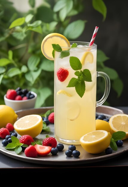 a glass of lemonade with strawberries and strawberries on a tray