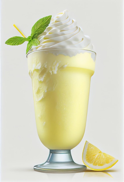 A glass of lemonade with whipped cream and a slice of lemon on the side