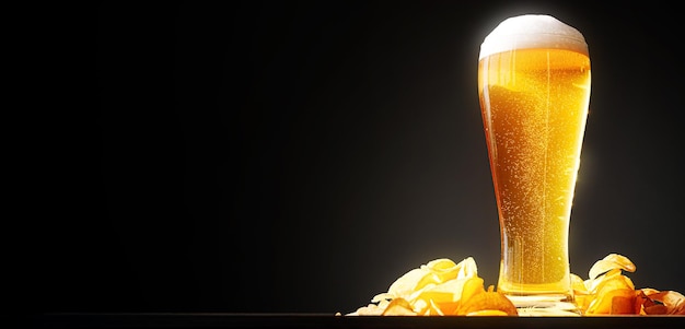 A glass of light beer ale on the bar with chips nearby side view place for text banner