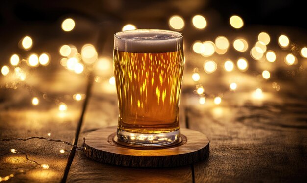 Photo glass of light beer on wooden coaster garland lights on background