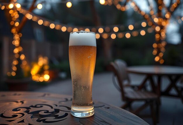 Photo glass of light beer on wooden table outdoors