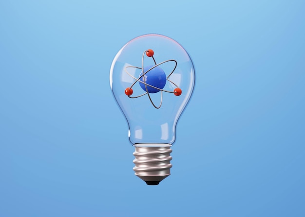 Glass light bulb and atom inside on blue background Minimal concept of idea 3D illustration