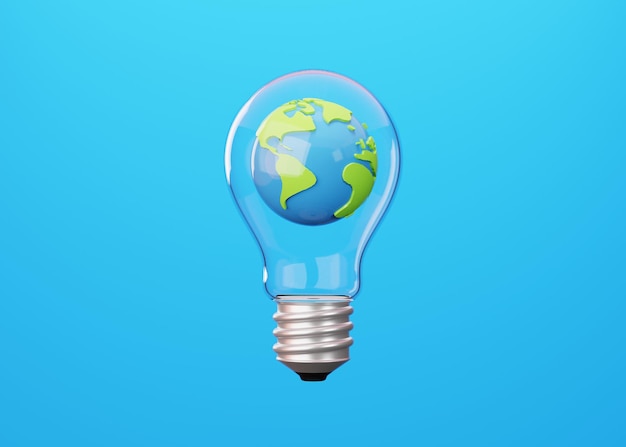 Glass light bulb and Earth planet inside Minimal concept of idea 3D illustration