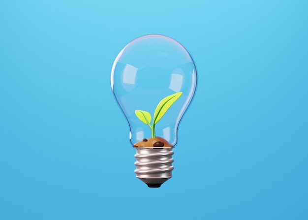 Glass light bulb and plant inside on blue background Minimal concept of idea 3D illustration