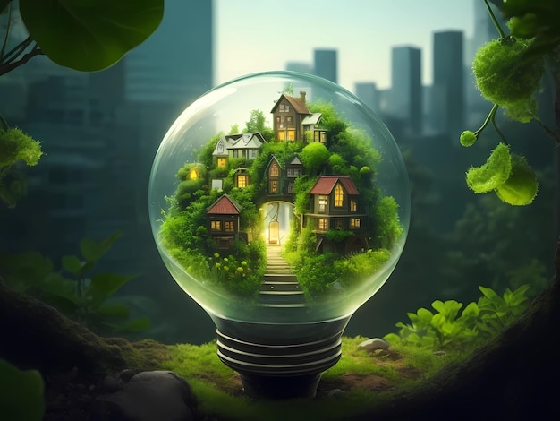 a glass light bulb with a house inside and a green tree on the top.