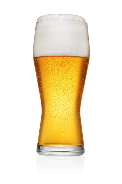 Glass of light yellow beer isolated on white