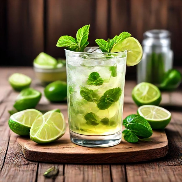 a glass of lime juice with lime and mint