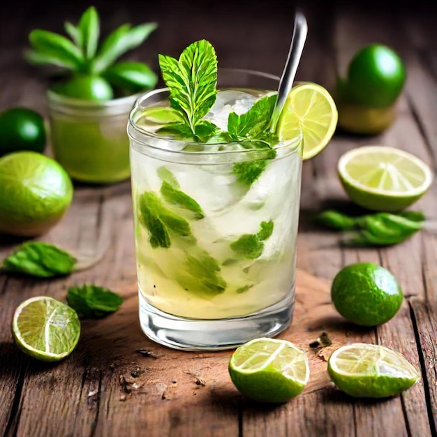 a glass of lime juice with limes and mint leaves on a wooden table