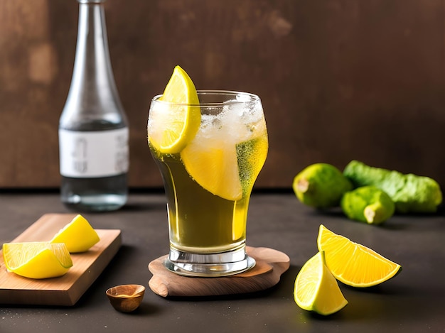 A glass of lime and lemonade with a bottle of pistachios on the table.