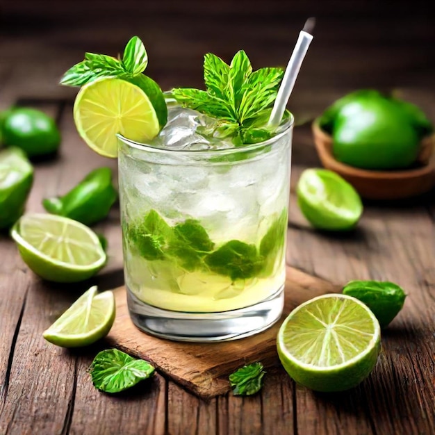 a glass of limeade with limes and mint leaves on a wooden table