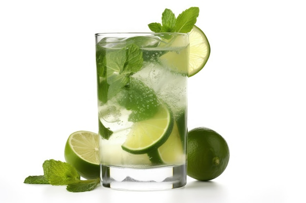 A glass of limeade with limes and mints generative AI